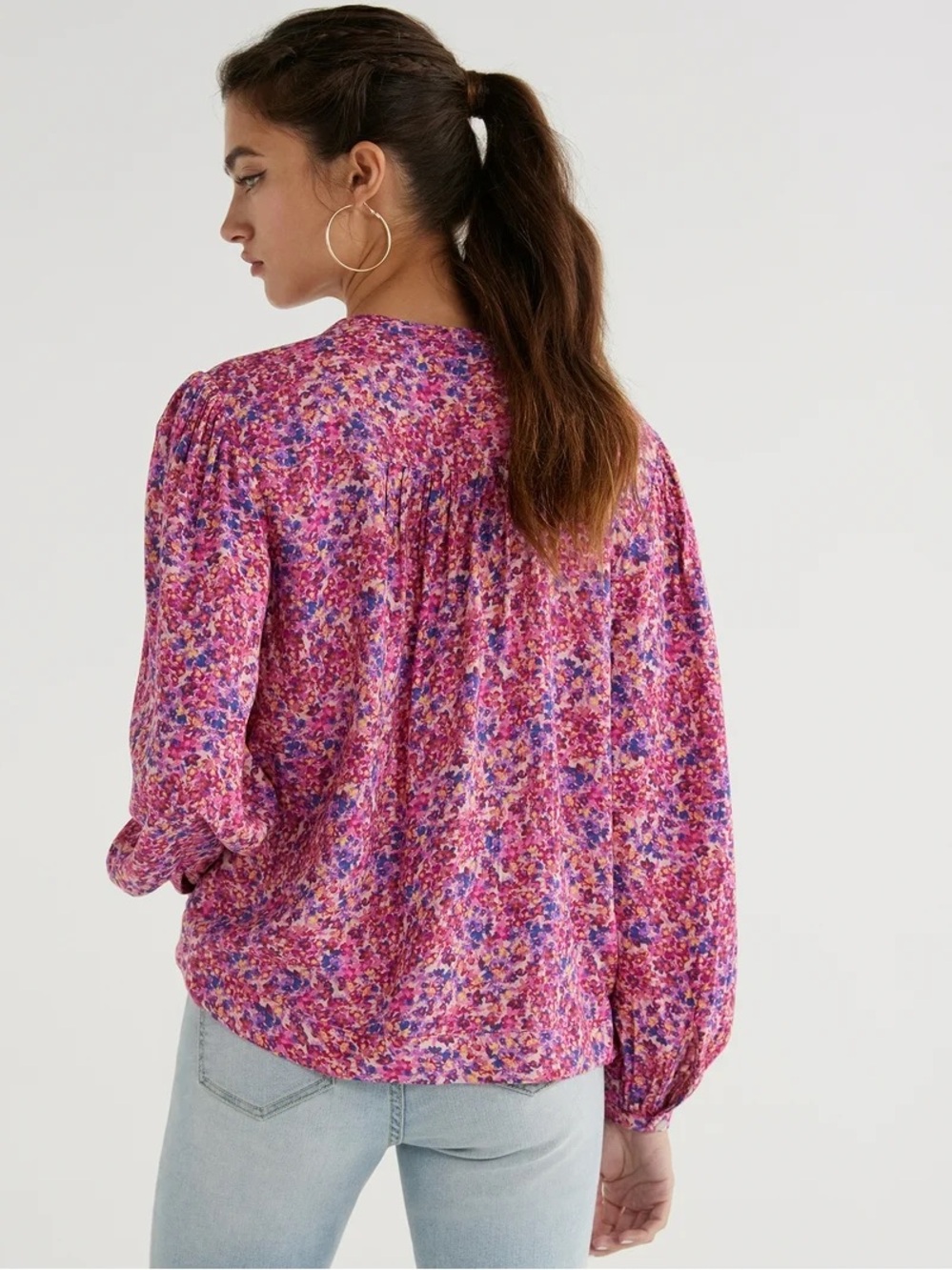 🦒Time and Tru Pink Floral Long-Sleeve Peasant Blouse size XL - Picture 2 of 5